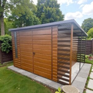 Záhradný domček na náradie 3,5×3 s drevárňou vpravo