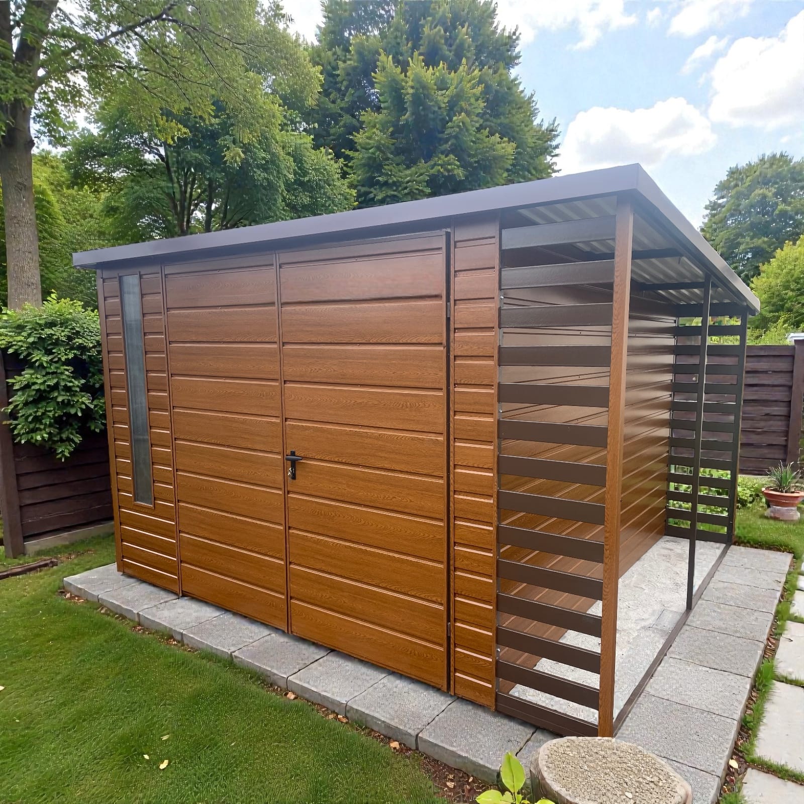 Domek ogrodowy narzędziowy 3.5×3 z drewutnią po prawej stronie