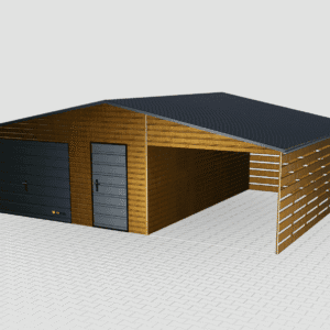 Prémiová garáž pripomínajúca štít 8x6 s prístreškom na aute napravo