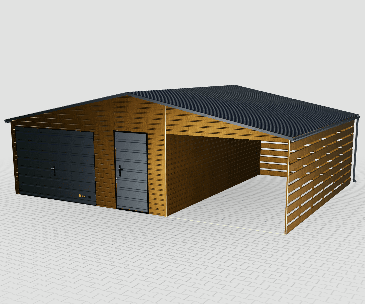 Prémiová garáž pripomínajúca štít 8x6 s prístreškom na aute napravo