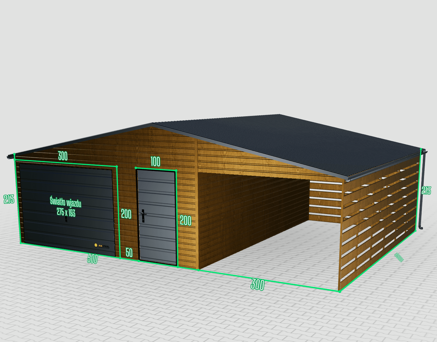 Prémiová garáž pripomínajúca štít 8x6 s prístreškom na aute napravo – Obrázok 2