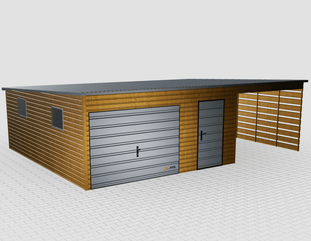 Premium 8x6 plechová garáž s prístreškom na aute napravo