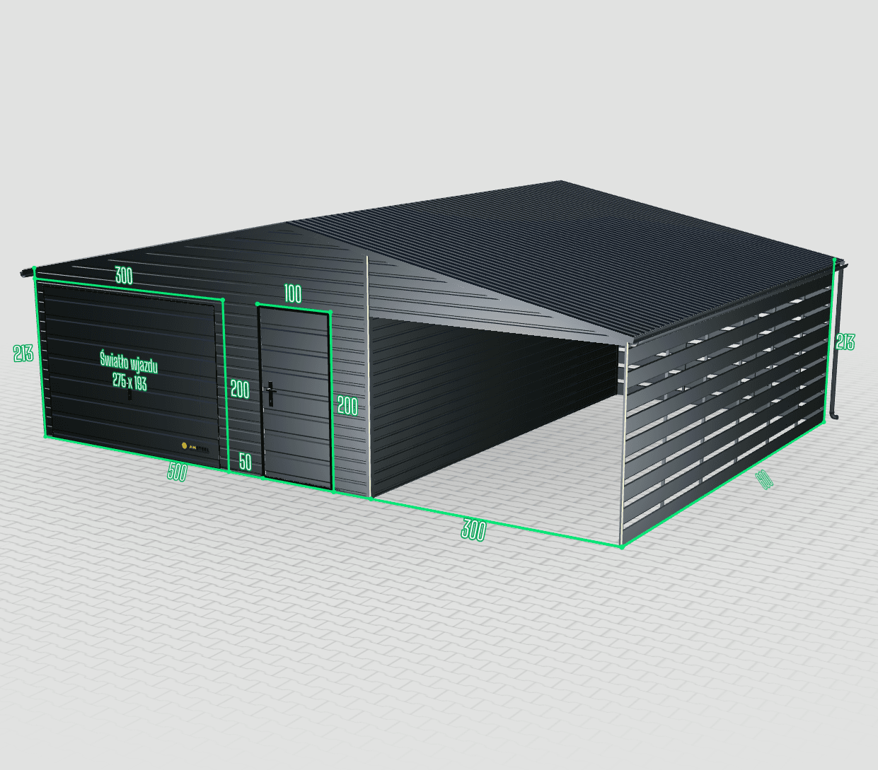 Prémiová štítová kovová garáž 8x6 s prístreškom pre auto vpravo – Obrázok 2