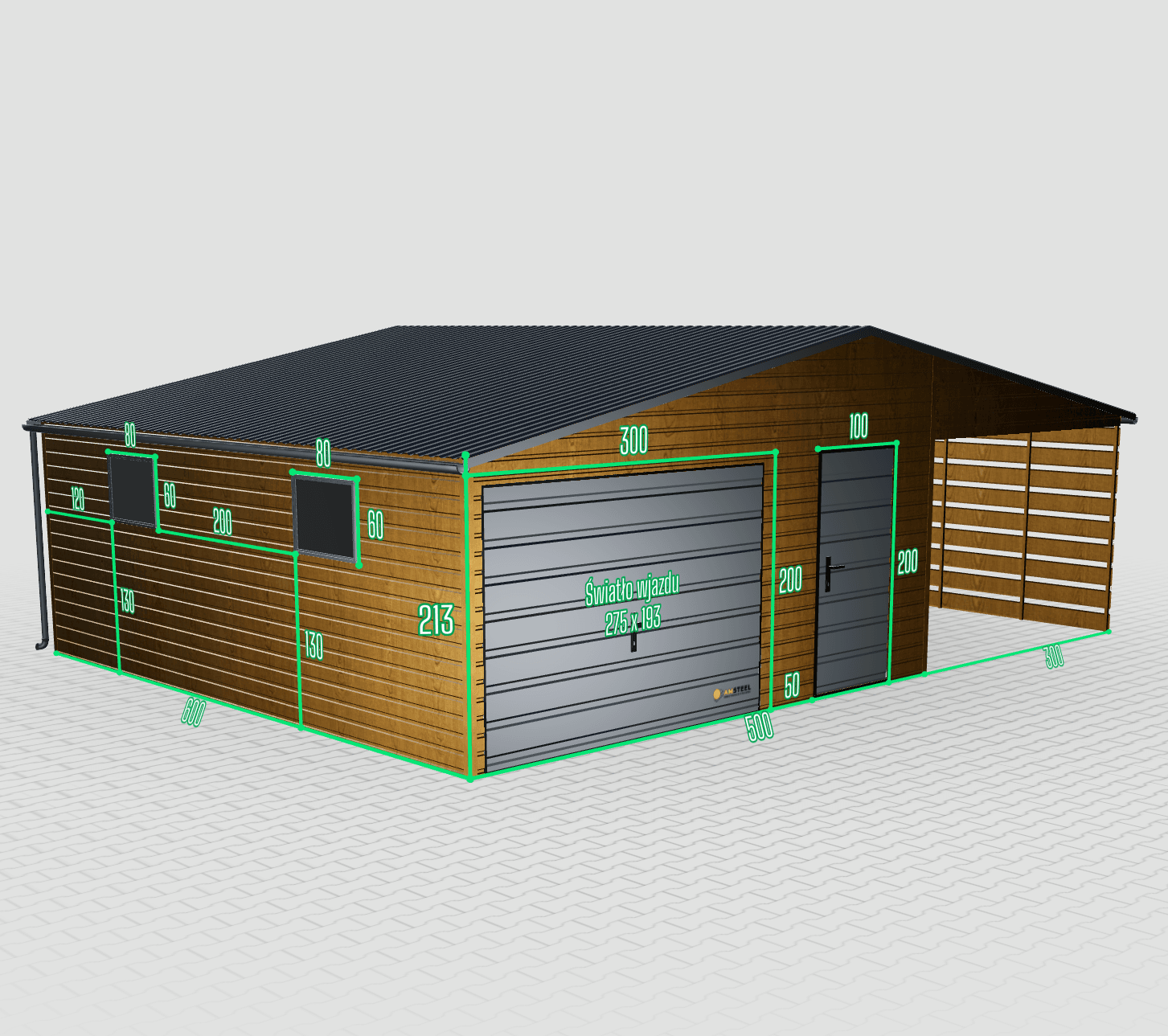 Prémiová garáž pripomínajúca štít 8x6 s prístreškom na aute napravo – Obrázok 3