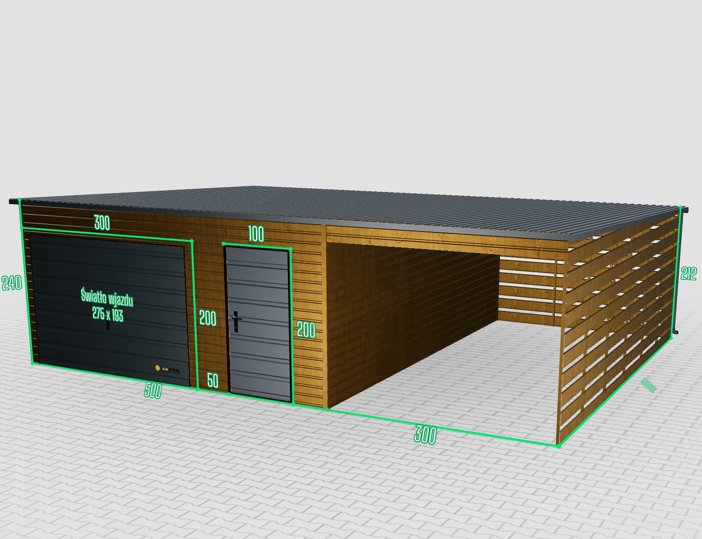 Premium 8x6 plechová garáž s prístreškom na aute napravo – Obrázok 2