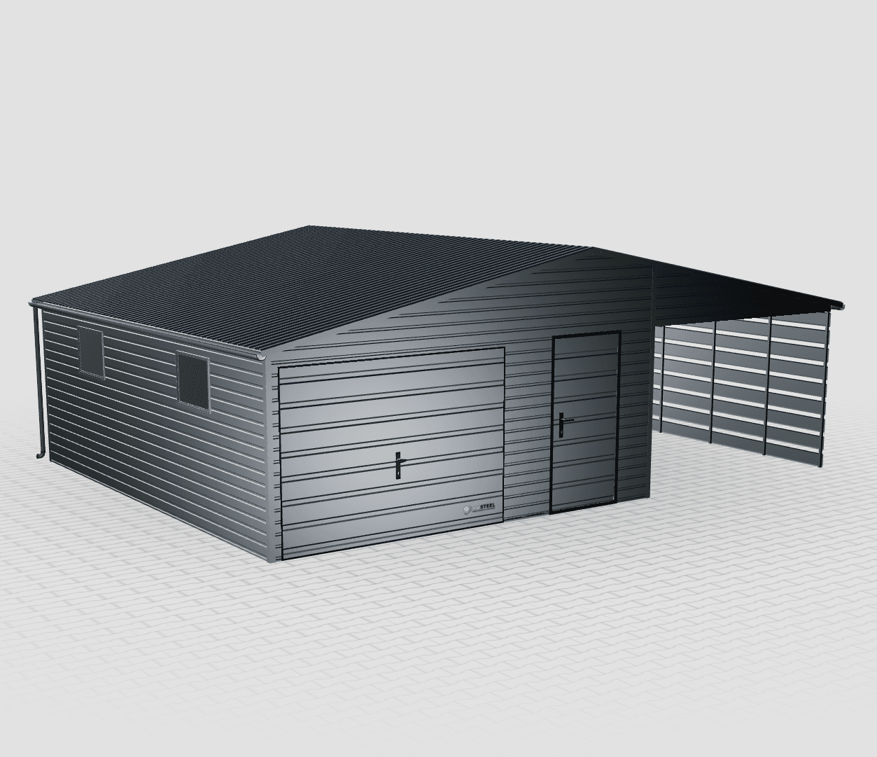 Prémiová štítová kovová garáž 8x6 s prístreškom pre auto vpravo