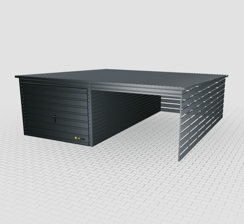 Prémiová plechová garáž 6x6 s prístreškom napravo