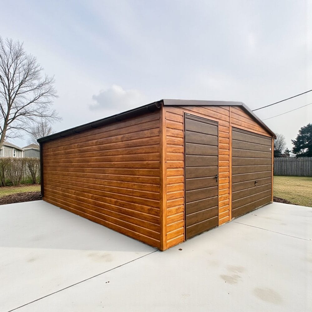 Plechová garáž Premium 5,5x5,5 šikmá strecha, garážová brána nahor a nadol